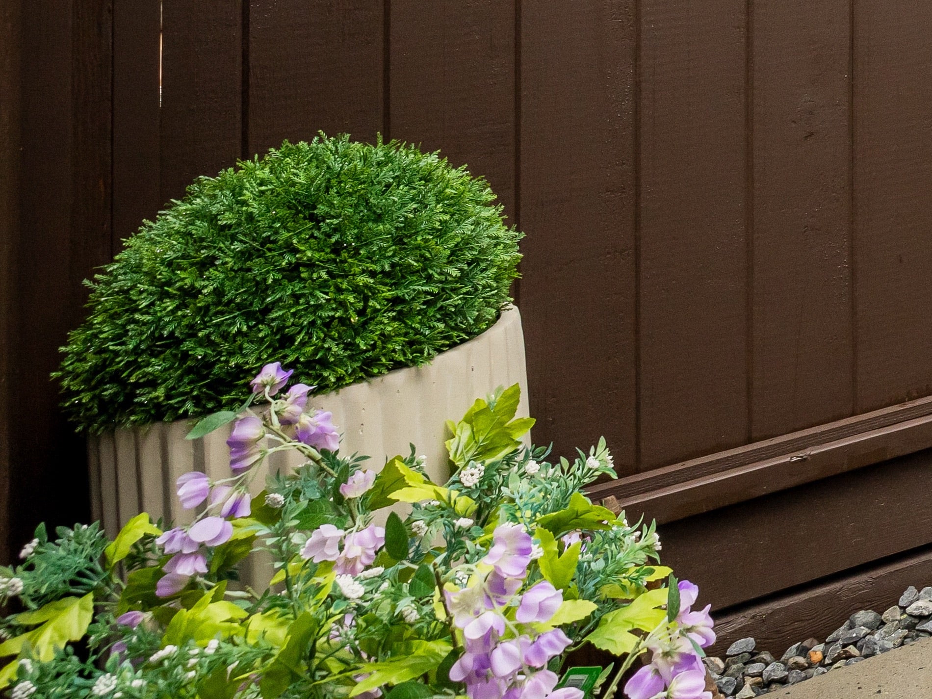 Purple flowers and planters on the private patio
